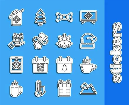 Set line Mountains, Coffee cup, Christmas Santa Claus hat, Bow tie, Pair kn.. Ilustração Stock