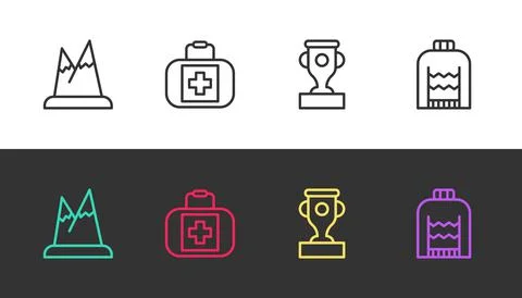 Set line Mountains, First aid kit, Award cup and Christmas sweater on black and Stock-Illustration