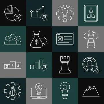 Set line Mountains with flag, Create account screen, Stair finish, Light bulb Illustrazione stock