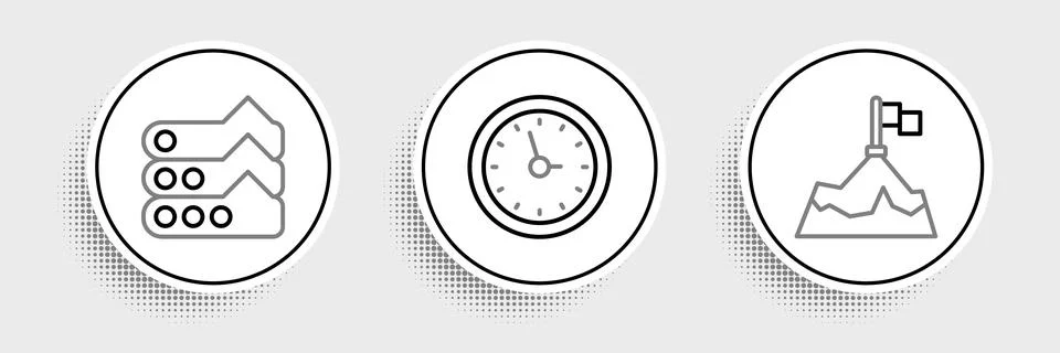 Set line Mountains with flag, Graph, chart, diagram and Clock icon. Vector Illustrazione stock