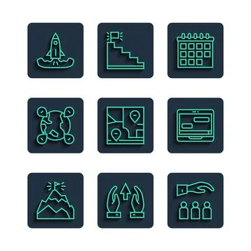 Set line Mountains with flag, Growth chart and progress, Boss employee, Calendar Stock Illustration
