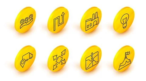 Set line Mountains with flag, Intersection point, Many ways directional arrow Stock Illustration