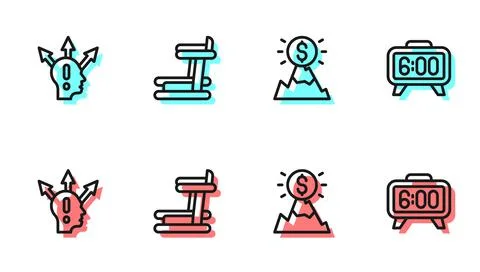 Set line Mountains with flag, Project team base, Treadmill machine and Digita 스톡 일러스트