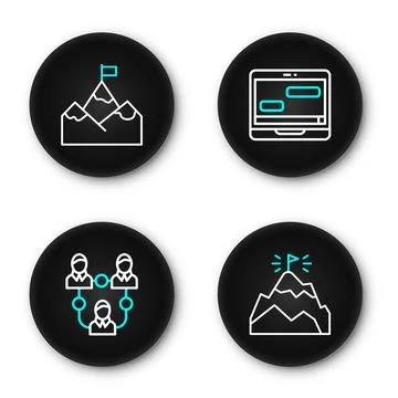 Set line Mountains with flag, Project team base, Chat messages on laptop an.. Stock Illustration
