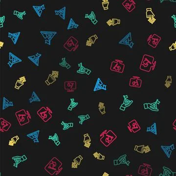 Set line Mountains with flag, , Target and Flag on seamless pattern. Vector Stock Illustration