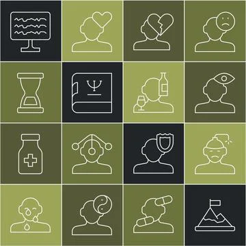 Set line Mountains with flag on top, Concussion, headache, Solution problem p Stock Illustration