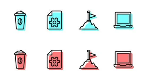 Set line Mountains with flag on top, Coffee cup go, Document settings and L.. Stock-Illustration
