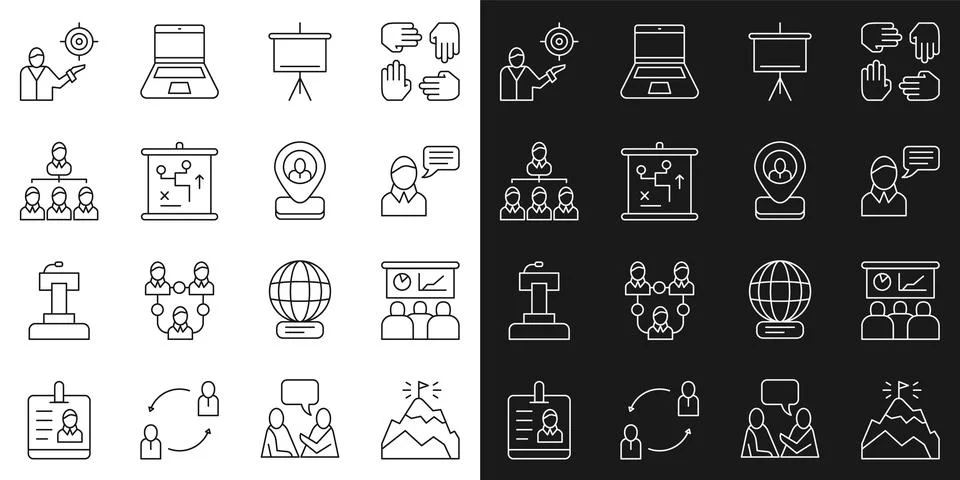 Set line Mountains with flag, Training, presentation, Speech bubble chat Stock Illustration