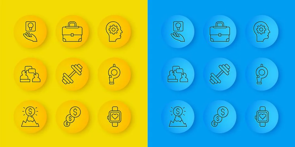 Set line Mountains with flag, Two sitting men talking, Dumbbell, Smart watc.. Stock Illustration