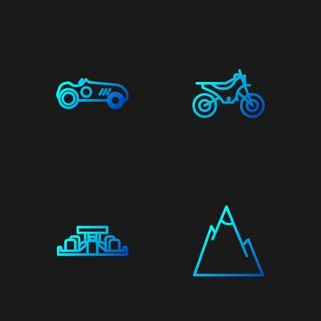 Set line Mountains, Formula 1 racing car, Vintage sport and bike. Gradient .. Illustrazione stock