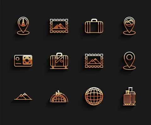 Set line Mountains, Globe with flying plane, Map pointer Eiffel tower, Earth Stock Illustration