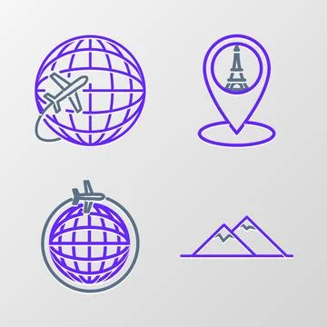 Set line Mountains, Globe with flying plane, Map pointer Eiffel tower and  .. Stock Illustration