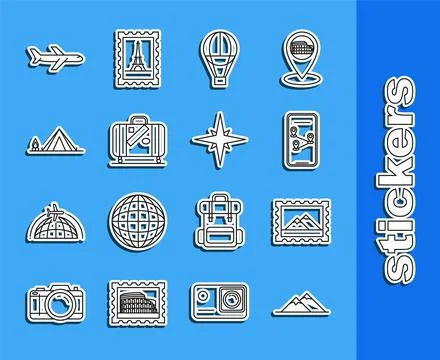 Set line Mountains, Postal stamp and, Infographic of city map navigation, Hot Stock Illustration