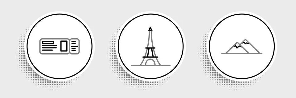 Set line Mountains, Travel ticket and Eiffel tower icon. Vector Stock Illustration