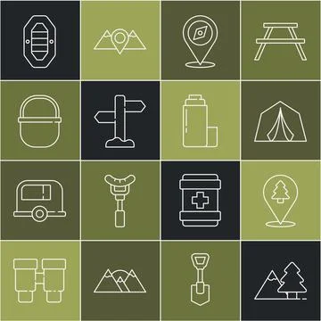 Set line Mountains with tree, Location of the forest, Tourist tent, Compass.. Illustrazione stock