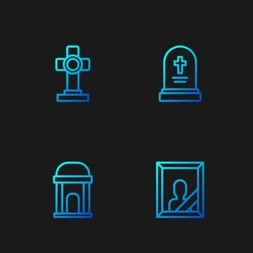 Set line Mourning photo frame, Old crypt, Grave with cross and tombstone. G.. Ilustración de archivo