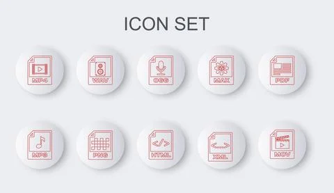 Set line MOV file document, MP3, OGG, XML, MP4, WAV, PNG and HTML icon. Vector 库存插图