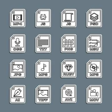 Set line MOV file document, MP3, M3U, JS, TXT, OGG, MP4 and PNG icon. Vector Stock Illustration