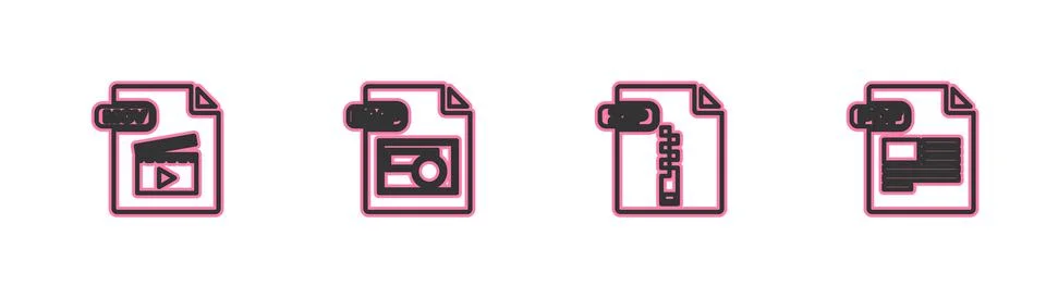 Set line MOV file document, ZIP, BMP and PDF icon. Vector Illustrazione stock