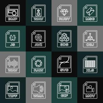 Set line MOV file document, XLS, OBJ, RUBY, AVI, JS, BMP and 3DS icon. Vector Illustrazione stock