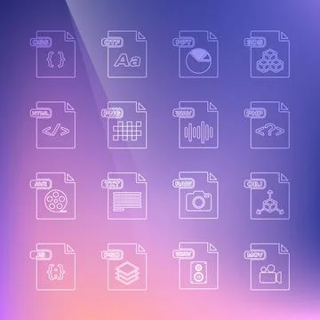 Set line MOV file document, OBJ, PHP, PPT, PNG, HTML, CSS and WAV icon. Vector Stock Illustration
