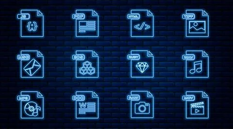 Set line MOV file document, WAV, HTML, 3DS, MSG, JS, RUBY and PDF icon. Vector Illustrazione stock