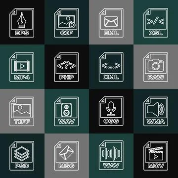 Set line MOV file document, WMA, RAW, EML, PHP, MP4, EPS and XML icon. Vector Stock Illustration