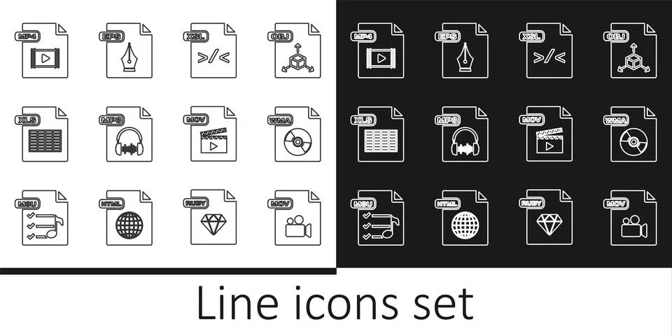 Set line MOV file document, WMA, XSL, MP3, XLS, MP4, and EPS icon. Vector 스톡 일러스트