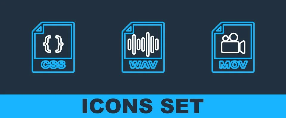 Set line MOV file document, CSS and WAV icon. Vector Stock Illustration