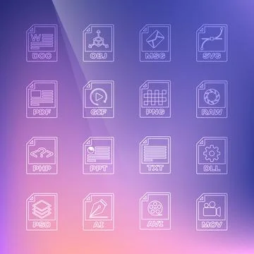Set line MOV file document, DLL, RAW, MSG, GIF, PDF, DOC and PNG icon. Vector Stock Illustration