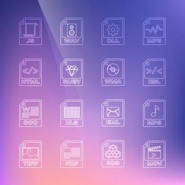 Set line MOV file document, MP3, XSL, DLL, RUBY, HTML, JS and WMA icon. Vector イラスト素材