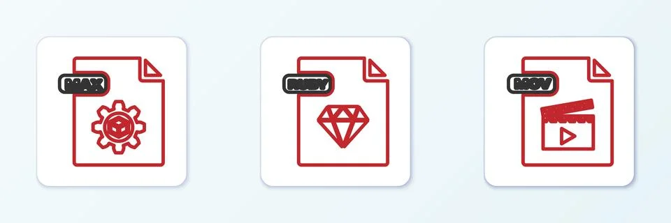 Set line MOV file document, MAX and RUBY icon. Vector Illustrazione stock