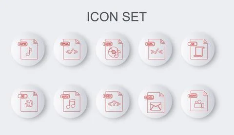Set line MOV file document, JS, MP3, EML, HTML, WAV and PHP icon. Vector Stock Illustration