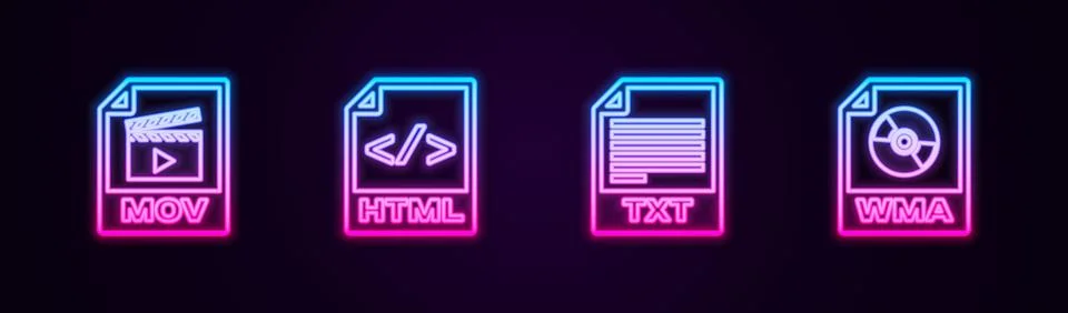 Set line MOV file document, HTML, TXT and WMA. Glowing neon icon. Vector Stock Illustration