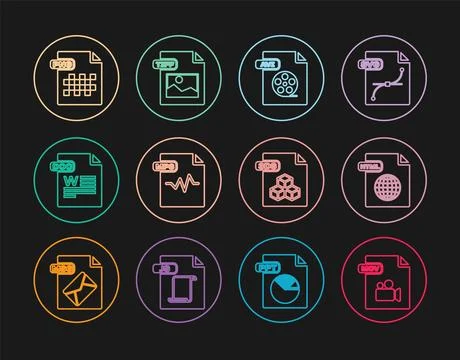 Set line MOV file document, HTML, AVI, MP3, DOC, PNG, 3DS and TIFF icon. Vect Stock Illustration