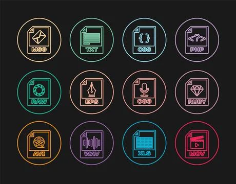 Set line MOV file document, RUBY, CSS, EPS, RAW, MSG, OGG and TXT icon. Vecto Stock Illustration