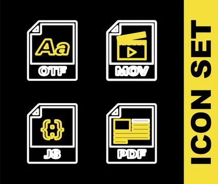 Set line MOV file document, PDF, JS and OTF icon. Vector Ilustração Stock