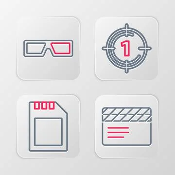 Set line Movie clapper, SD card, Old film movie countdown frame and 3D cinema Illustrazione stock