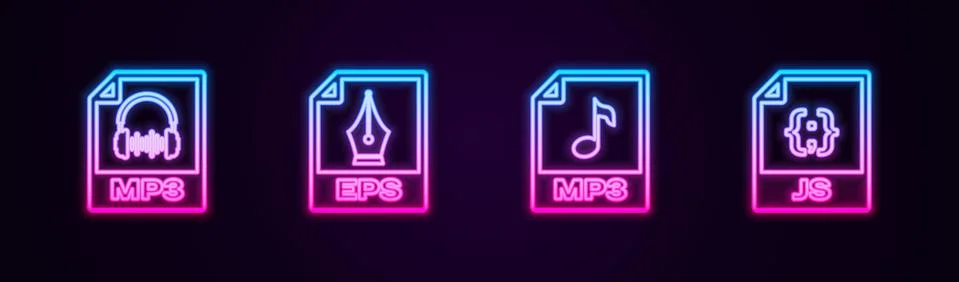 Set line MP3 file document, EPS, and JS. Glowing neon icon. Vector Stockillustratie