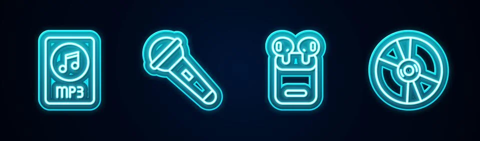 Set line MP3 file document, Microphone, Air headphones in box and CD or DVD d Stock Illustration