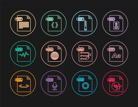 Set line MP3 file document, OTF, ZIP, HTML, TXT, M3U and CSS icon. Vector Stock Illustration