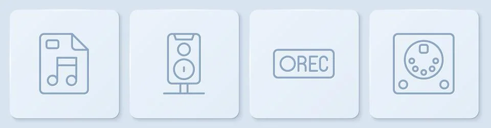 Set line MP3 file document, Record button, Stereo speaker and Drum machine Stock Illustration