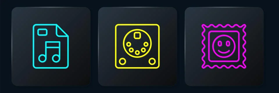 Set line MP3 file document, LSD acid mark and Drum machine. Black square button Illustrazione stock