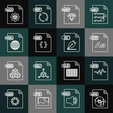 Set line MP3 file document, OTF, RUBY, CSS, HTML, MAX and AI icon. Vector Illustration