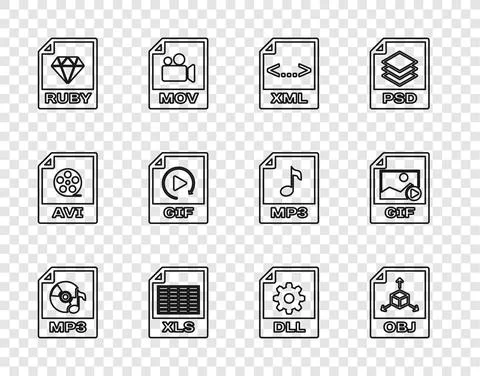 Set line MP3 file document, OBJ, XML, XLS, RUBY, GIF, DLL and icon. Vector Illustrazione stock