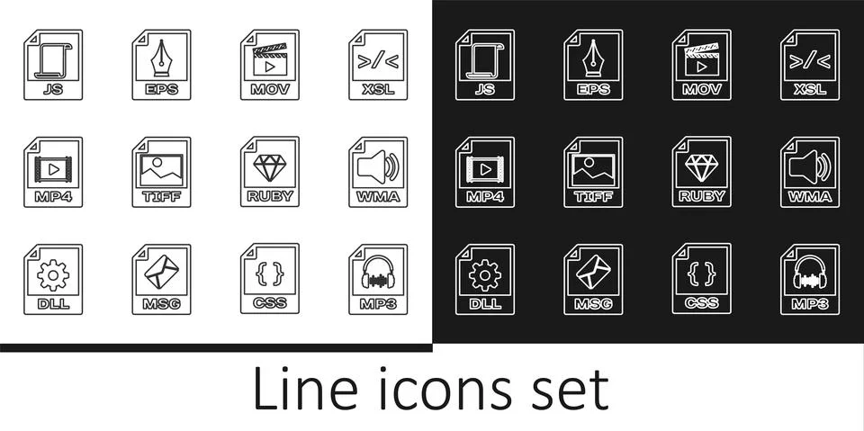 Set line MP3 file document, WMA, MOV, TIFF, MP4, JS, RUBY and EPS icon. Vector Stock Illustration