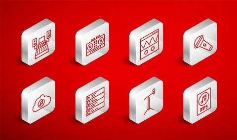 Set line MP3 file document, DJ remote and mixing music, Oscilloscope, Microphone Stock Illustration