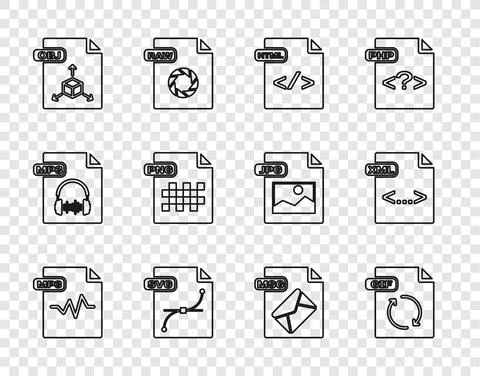 Set line MP3 file document, GIF, HTML, SVG, OBJ, PNG, MSG and XML icon. Vector Illustrazione stock