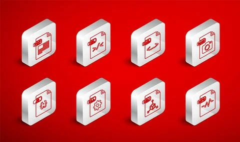 Set line MP3 file document, XSL, XML, RAW, OBJ, PDF, DLL and JS icon. Vector Stock Illustration