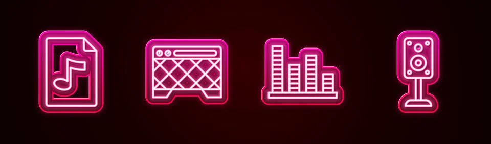 Set line MP3 file document, Guitar amplifier, Music equalizer and Stereo speaker Ilustração Stock
